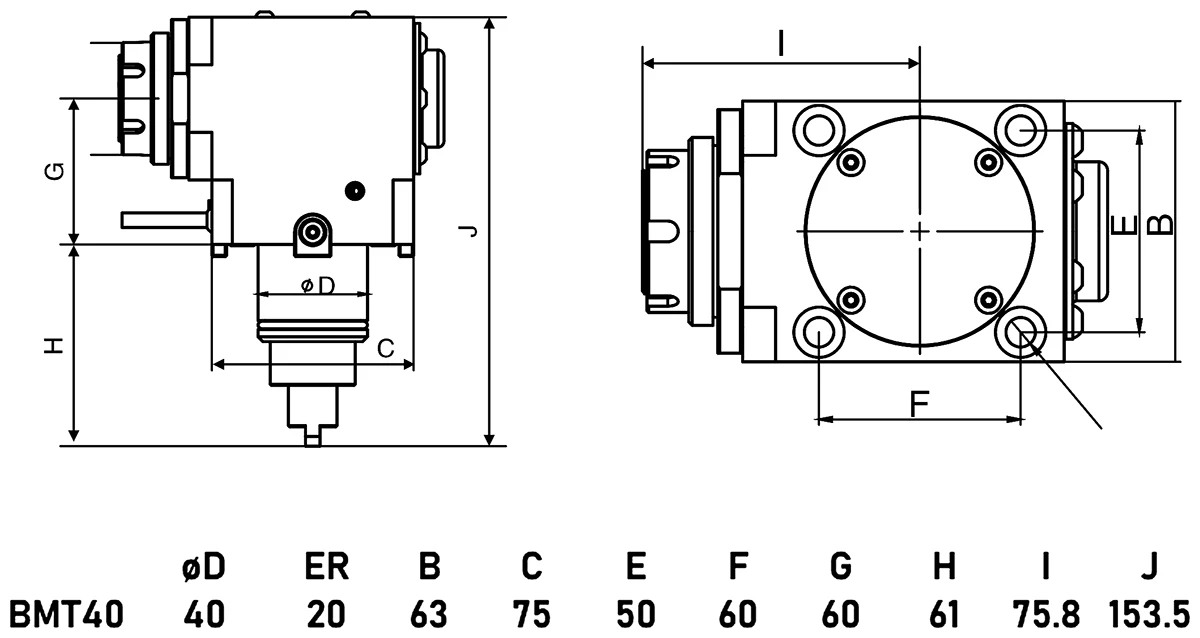 Приводной угловой блок AdvaCUT BMT40, ER20, компактный, T=1:1, RMP=5000, внеш. СОЖ