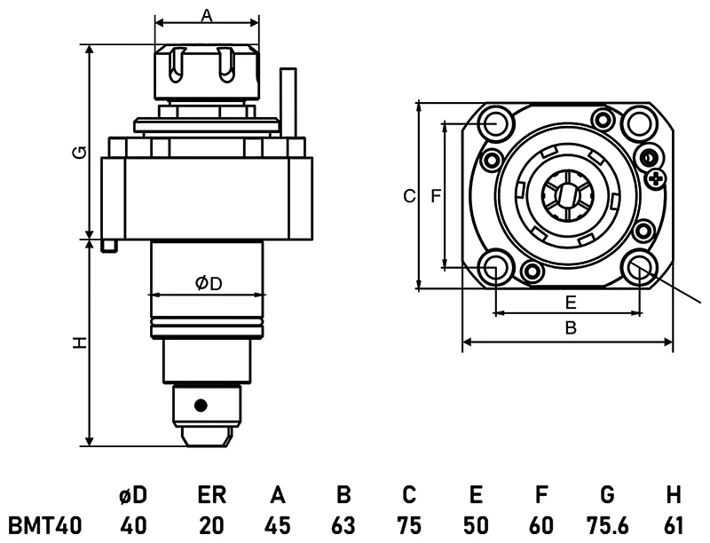 Приводной прямой блок AdvaCUT BMT40, ER20, T=1:1, RMP=6000, внеш. СОЖ