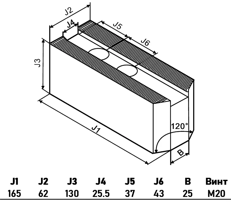 Cтальные мягкие накладные заостренные кулачки (3 шт.) для гидравлических патронов ⌀380 мм, 165x62х130 мм, паз 25.5 мм, МЦ 43 мм, М20