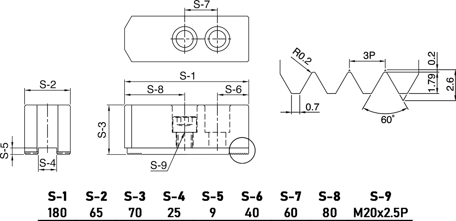 Cтальные мягкие накладные заостренные кулачки (3 шт.) для гидравлических патронов ⌀530 мм, 180x65х70 мм, паз 25 мм, МЦ 60 мм, М20