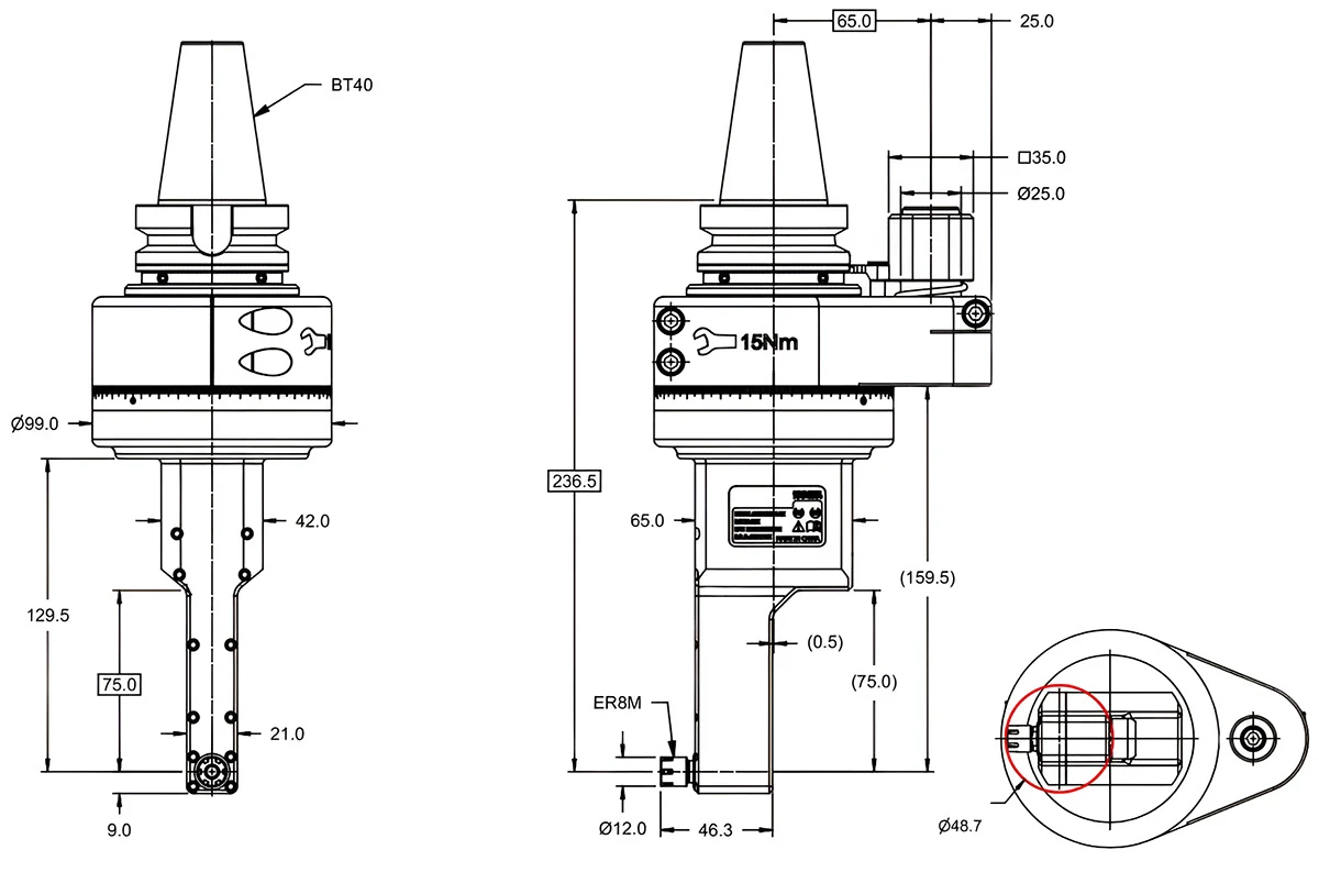 Фрезерная угловая головка ER8M, 6000 об/мин, H=236.5, BT40 MAS-403/BT 