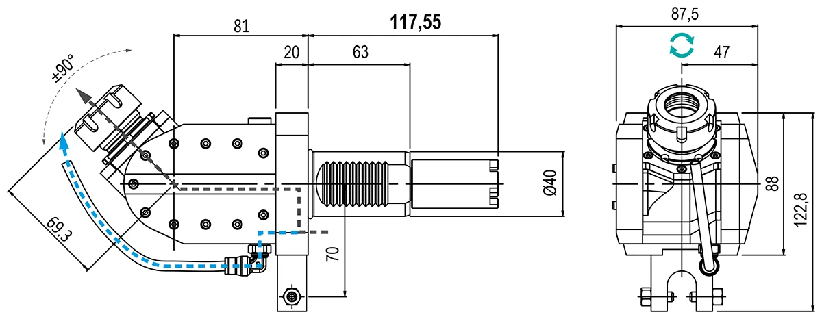 Приводной регулируемый (±90°) блок (левый) AdvaCUT VDI40, ER25, T=1:1, RPM=6000, H=81, внеш. СОЖ, хвостовик L=117.55 мм (HAAS)