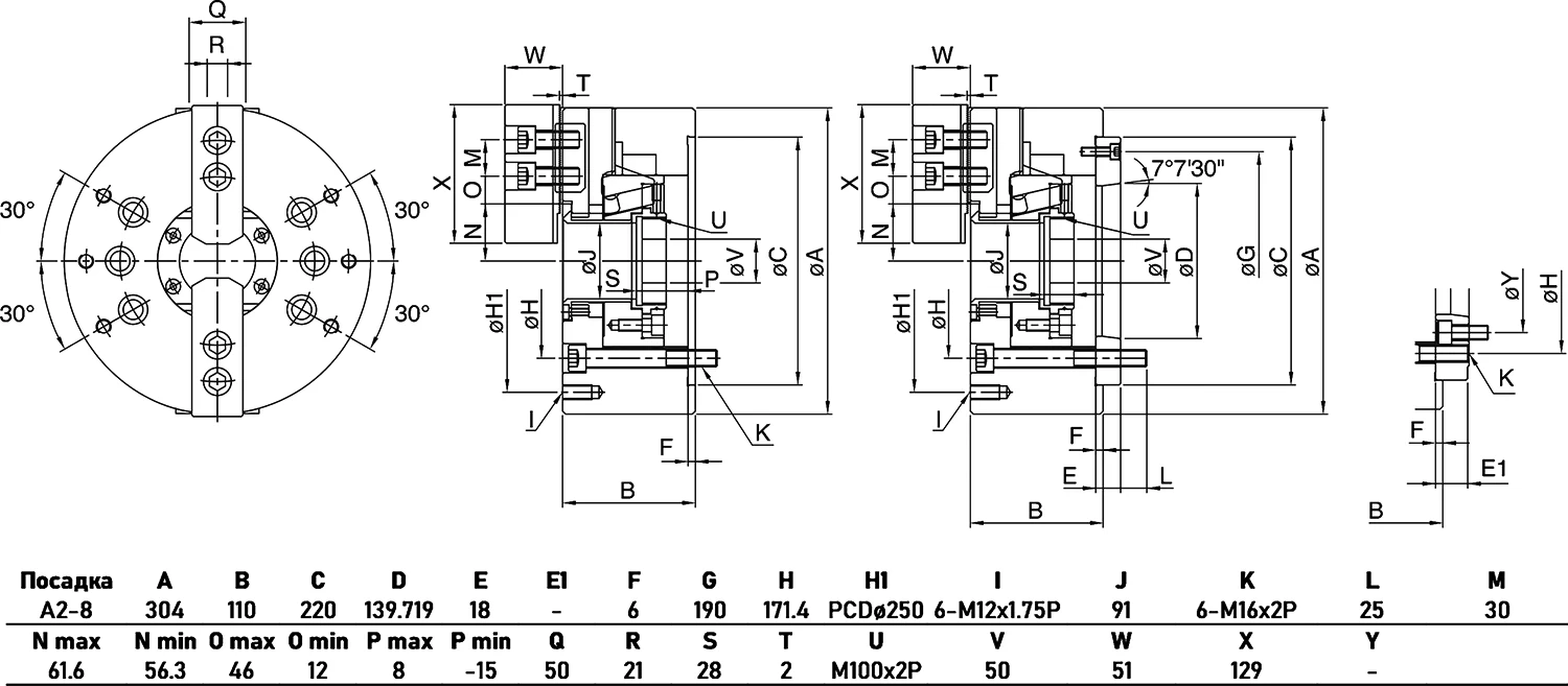Гидравлический высокоскоростной 2-х кулачковый патрон, Ø304 мм, сквозное отверстие 91 мм, посадка A2-8