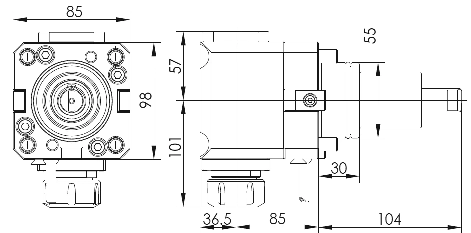 Приводной угловой блок BMT-55, T=1:1, RPM=6000, внутр. СОЖ, ER-32