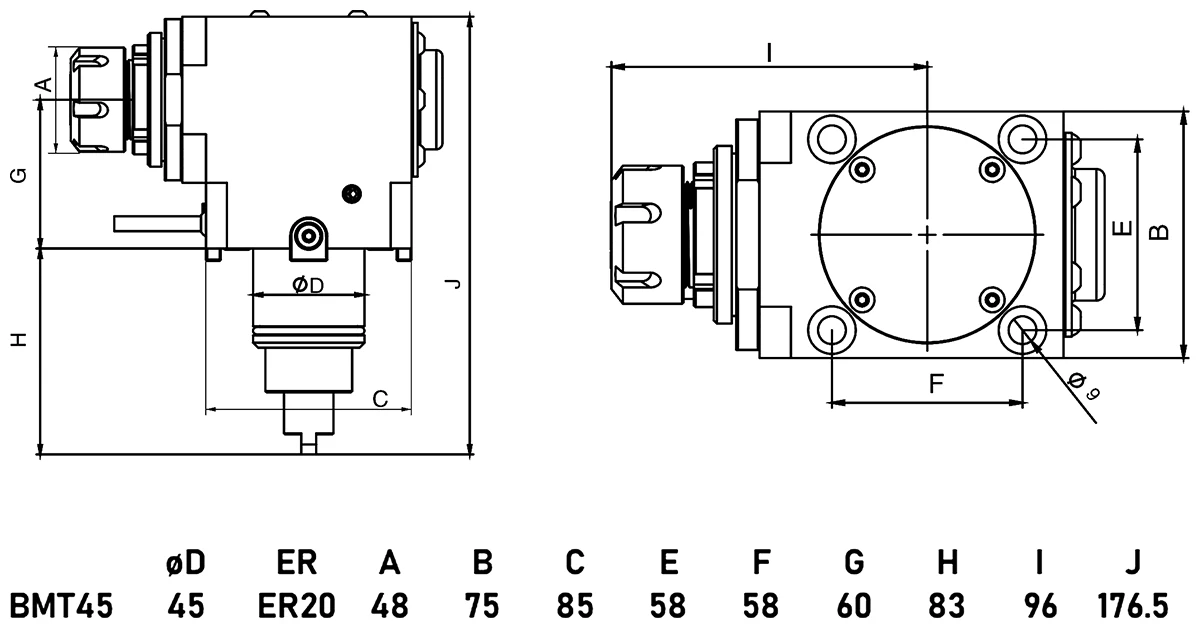 Приводной угловой блок AdvaCUT BMT45, ER20, T=1:1, RMP=5000, внеш. СОЖ