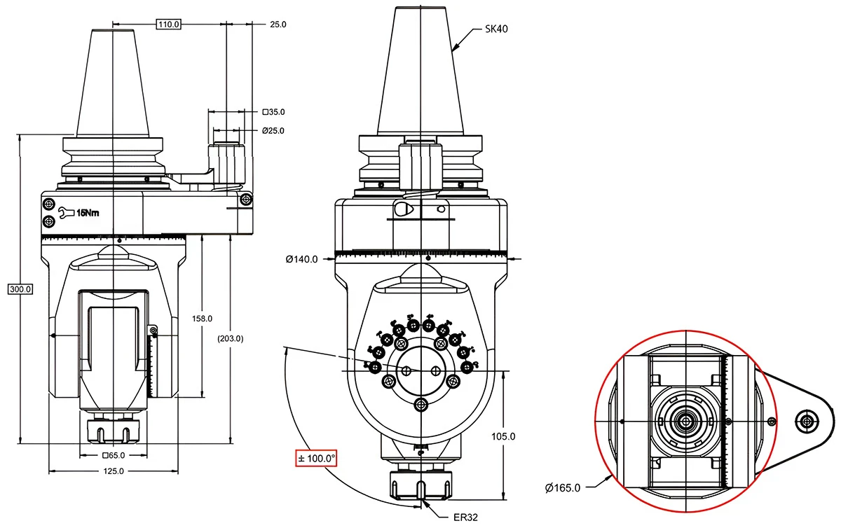 Фрезерная угловая головка ER32, регулируемая (±100°), 4000 об/мин, H=307, SK50 (DIN-69871)