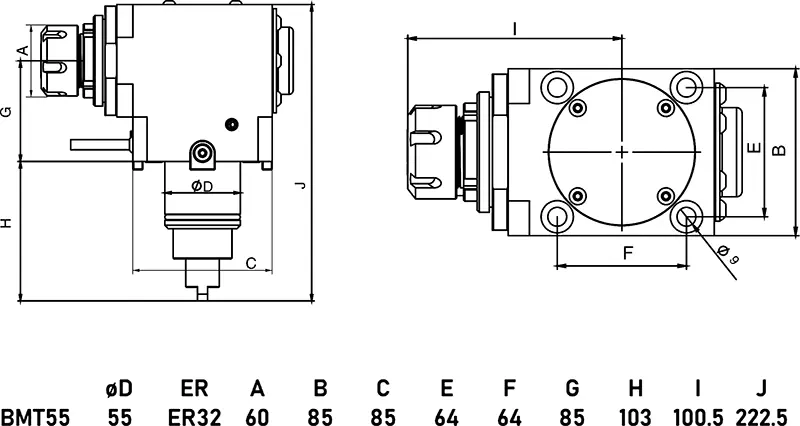 Приводной угловой блок AdvaCUT BMT55, ER32, T=1:1, RMP=5000, внеш. СОЖ, вылет 85 мм