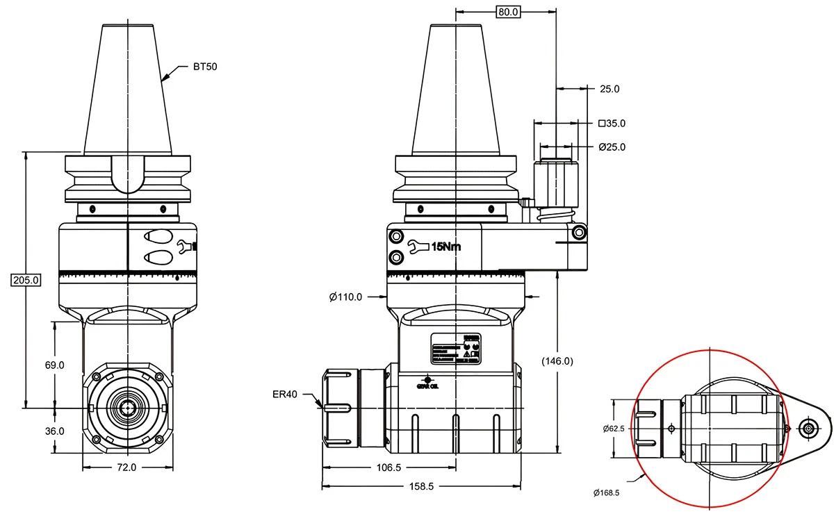 Фрезерная угловая головка ER40M, 4000 об/мин, H=205, BT50 MAS-403/BT 