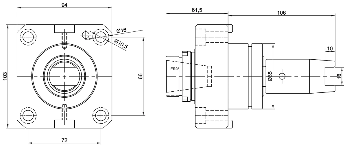Приводной прямой блок AdvaCUT BMT65, ER25, T=1:1, RMP=8000, H=60 мм (TSUGAMI, отверст.72x66), внеш. СОЖ