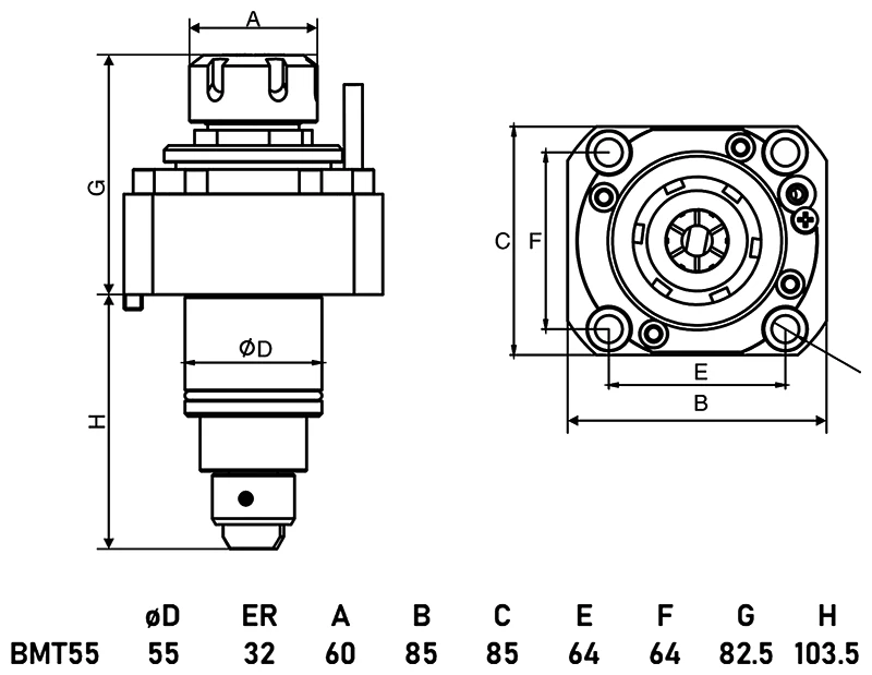 Приводной прямой блок AdvaCUT BMT55, ER32, T=1:1, RMP=6000, внеш. СОЖ