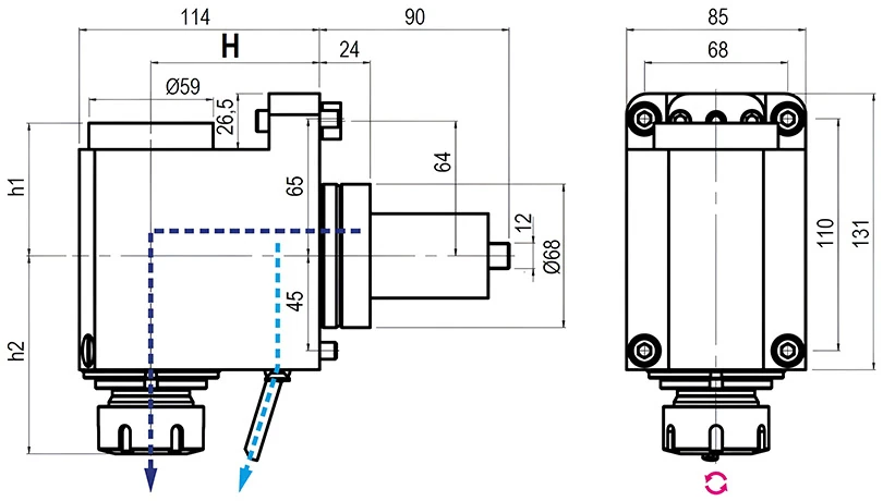 Приводной угловой блок AdvaCUT BMT68, ER-32, T=1:1, RPM=6000, H=80 (MAZAK QTS 1), внеш. СОЖ