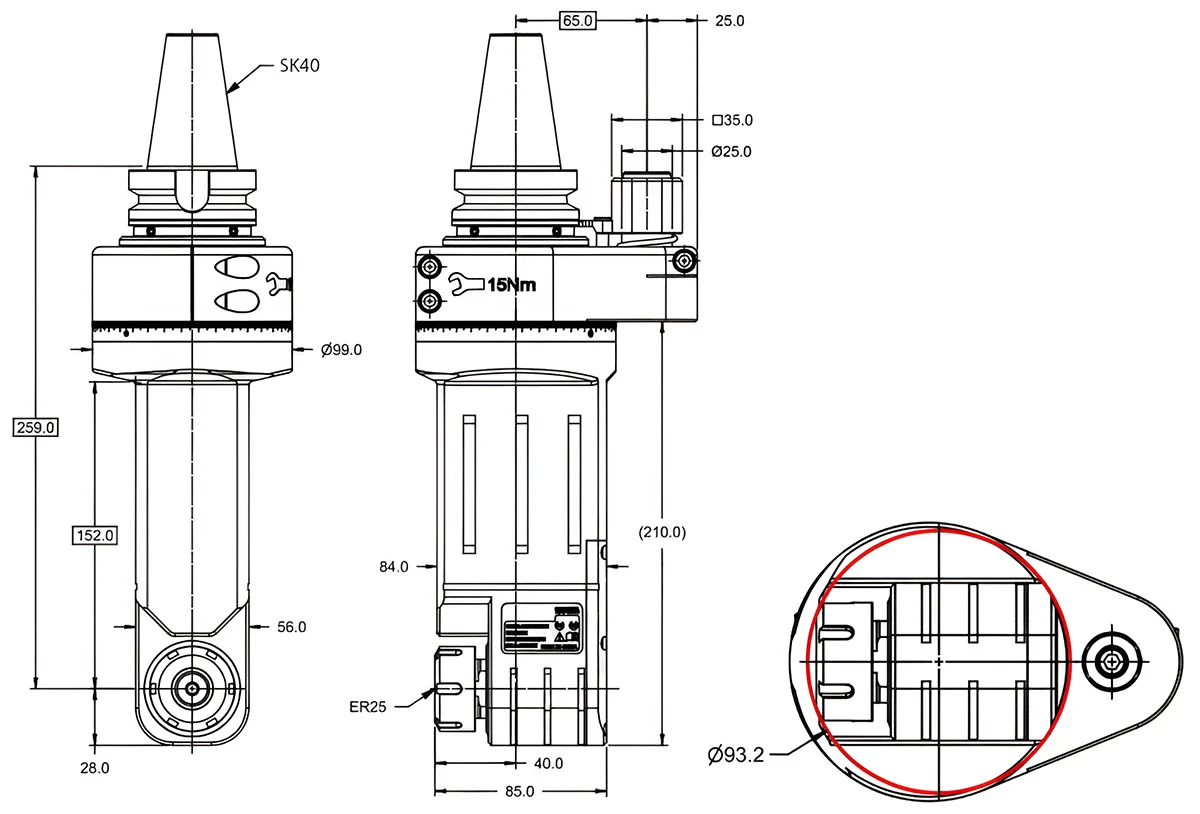 Фрезерная угловая головка ER25, 5000 об/мин, H=259, h=150, SK40 (DIN-69871)
