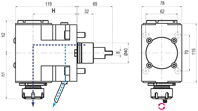Приводной угловой блок AdvaCUT BMT60, ER-25, T=1:1, RPM=10000, H=90 (DMG MORI-NL), внеш. СОЖ