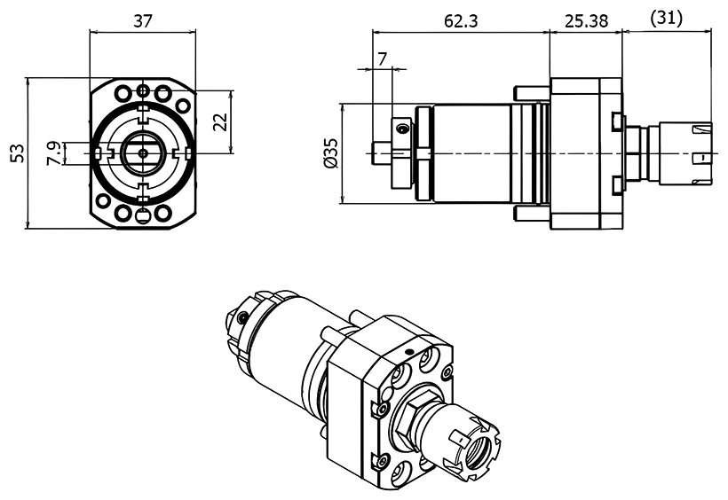 Приводной прямой блок AdvaCUT BMT35, ER16, T=1:1, RMP=8000, (TSUGAMI), внеш. СОЖ