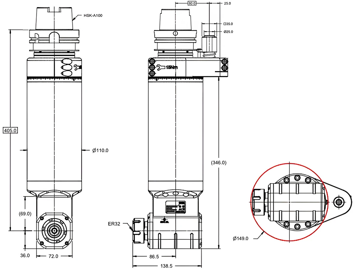 Фрезерная угловая головка ER32M, 3500 об/мин, H=427, HSK100A (DIN-69893)