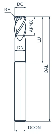 Фреза концевая твердосплавная APL131-CRFN2-0200-0040-030, с радиусом при вершине, обниженная шейка, ØD 2 мм