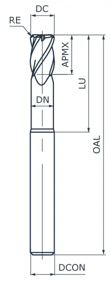 Фреза концевая твердосплавная APL131-CRFN4-0200-0120-020, с радиусом при вершине, обниженная шейка, ØD 2 мм