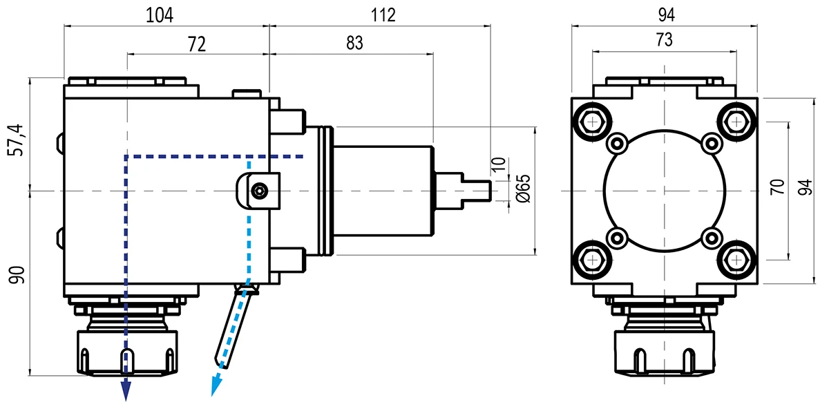 Приводной угловой блок Gerardi BMT-65, T=1:1, RMP=6000, внутр. СОЖ, ER32