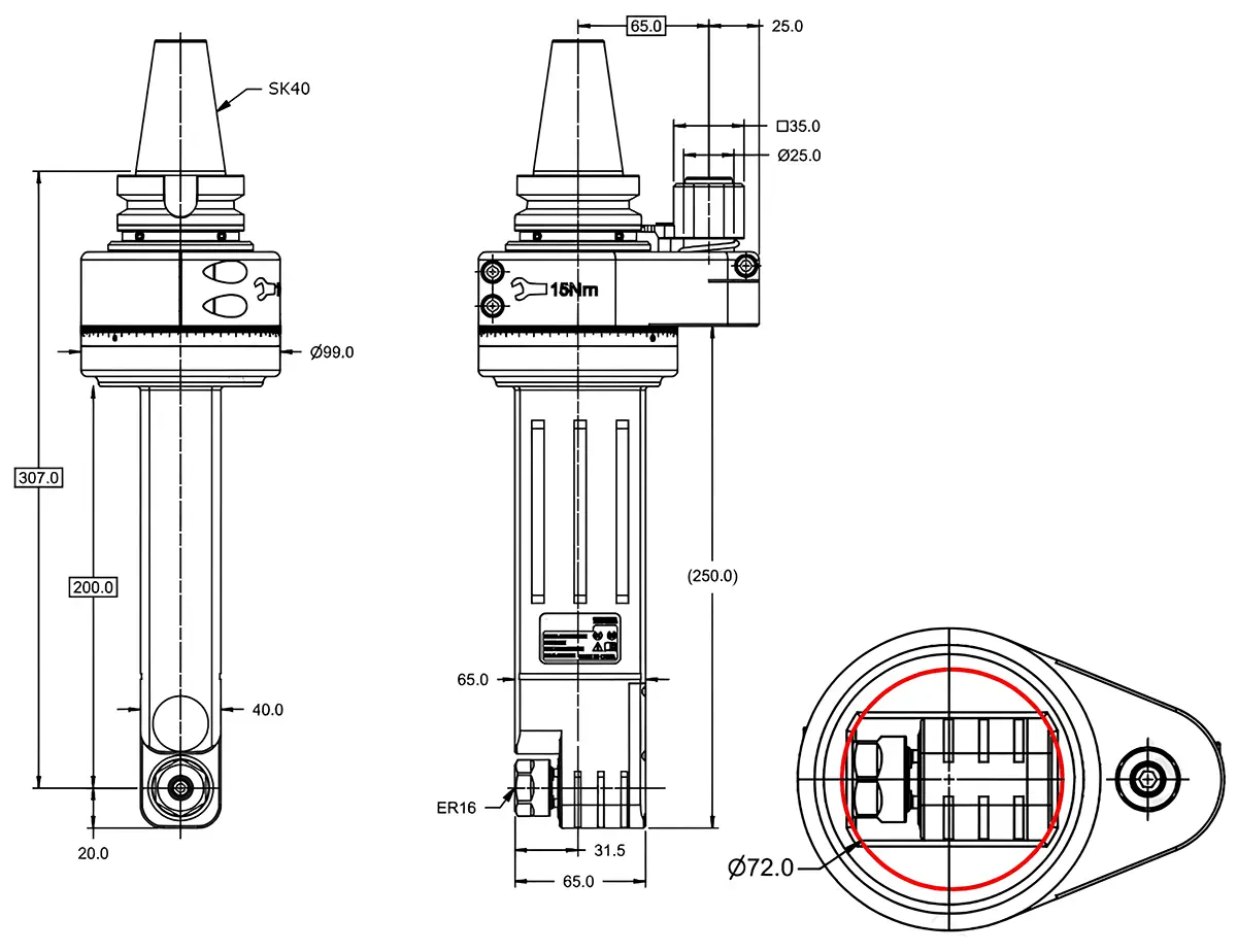 Фрезерная угловая головка ER16, 5000 об/мин, H=200, SK40 (DIN-69871)