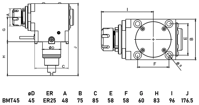 Приводной угловой блок AdvaCUT BMT45, ER25, T=1:1, RMP=5000, внеш. СОЖ