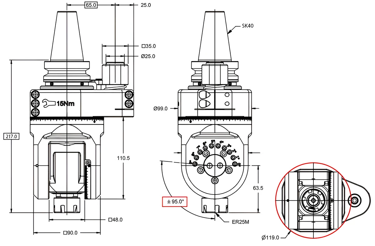 Фрезерная угловая головка ER25M, регулируемая (±95°), 4000 об/мин, H=217, SK40 (DIN-69871)