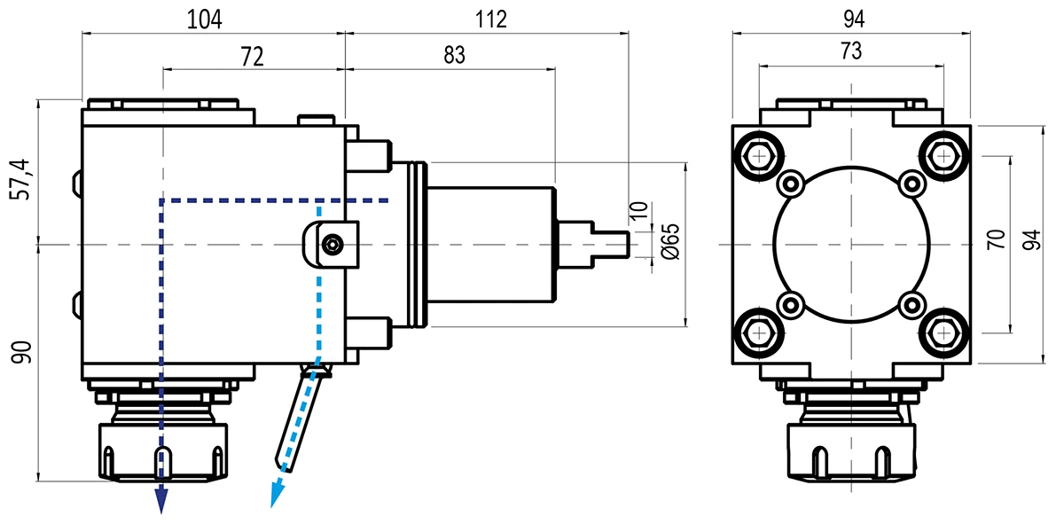 Приводной угловой блок Gerardi BMT-65, T=1:1, RMP=6000, внеш. СОЖ, ER32